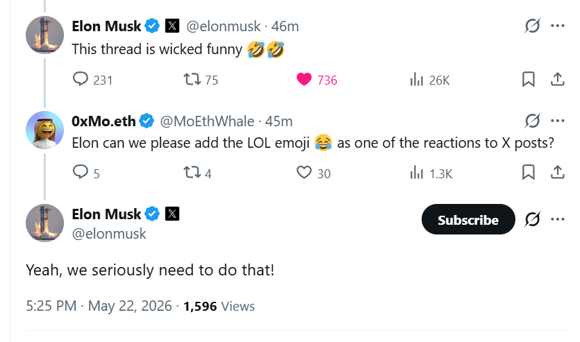 lolonsollol's tweet photo. looks like @elonmusk is going to get the LOL emoji 😂added as one of the official reactions to X posts https://t.co/eum30iH0x0