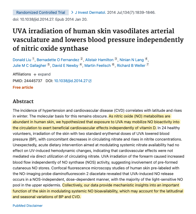 ze_rusty's tweet photo. Richard Weller’s (@WellerRichard) team shone UVA on human skin and watched blood pressure drop.

The skin released nitric oxide stored in its upper layers, Independent of vitamin D entirely.

Sunlight lowers blood pressure through a pathway NO PILL TOUCHES.

"avoid the sun at all costs" may have killed more people than it ever saved.

PMID: 24445737