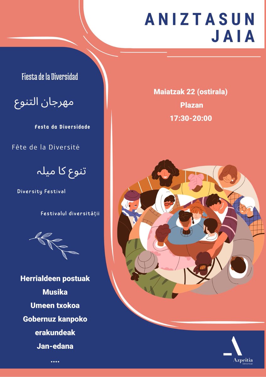 ETxokoa's tweet photo. Herritarren arteko elkar ezagutza sustatzeko, kulturarteko harremanak indartzeko eta aniztasunari balioa emateko aukera paregabea eskainiko du aurten ere Aniztasun Festak

🗓️ Maiatzaren 22n, ostirala
📍 Plazan
⏰ 17:30etik 20:00etara https://t.co/le86aYMku5