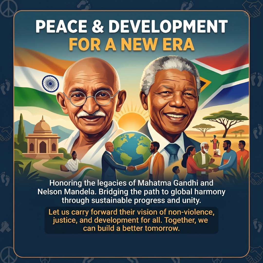 GMFoundationInd's tweet photo. True progress thrives where peace, justice, and equality prevail. Let us carry forward the values of Gandhi &amp; Mandela—building global harmony through non-violence and humanity. 🌍🤝
#GandhiMandelaFoundation #PeaceAndDevelopment #GlobalHarmony #NonViolence #Unity #LegacyOfPeace https://t.co/7vxqpL0uqi