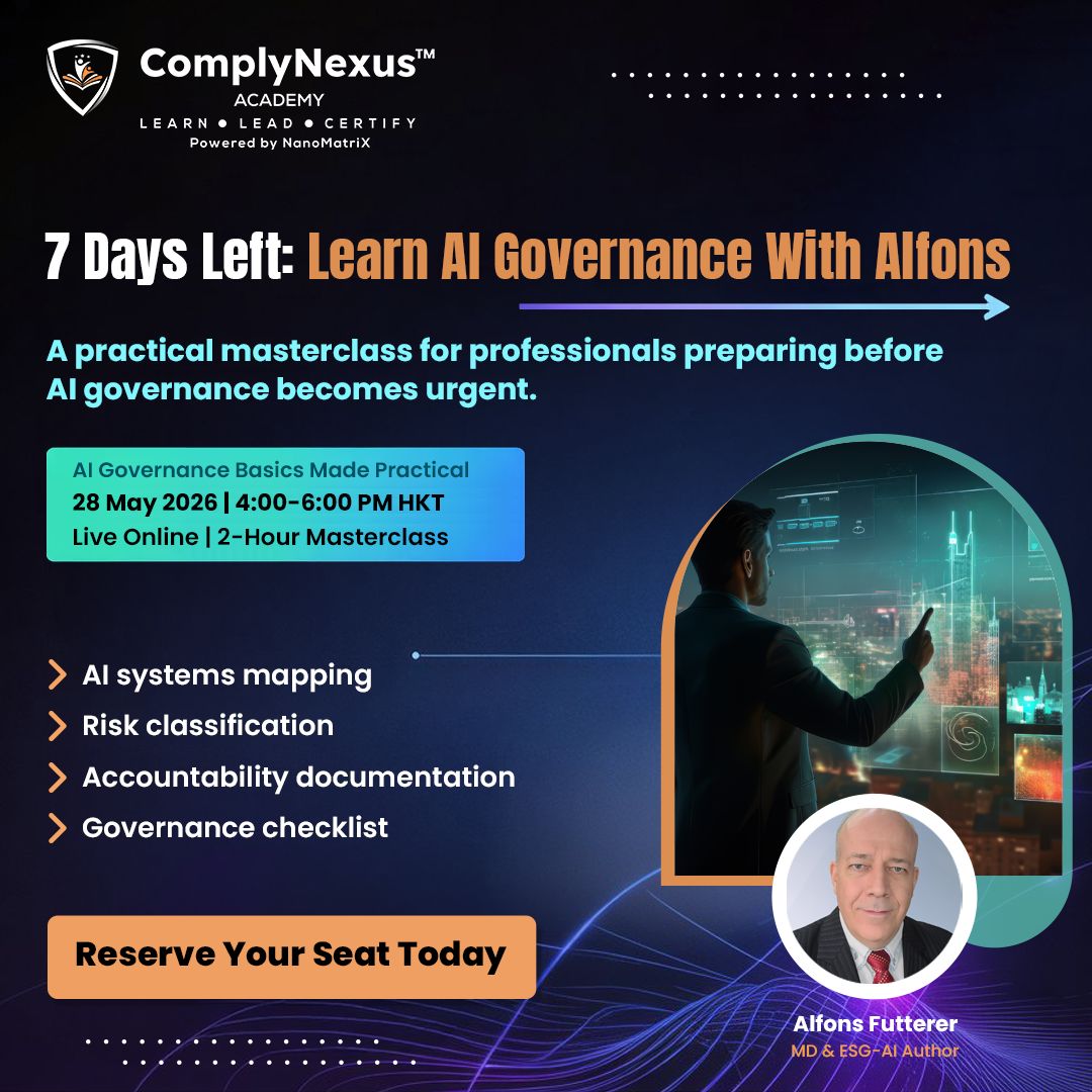 AlfonsF's tweet photo. 7 days left to build your AI governance foundation.

AI adoption is moving fast. Governance isn’t.

Who tracks AI risks? Who owns accountability? Who documents AI usage?
🎓 AI Governance Basics Made Practical 📅 28 May 2026 | Live Online
👉 https://t.co/hqzVgr16ue
#AIGovernance https://t.co/QnF7uSKAvh