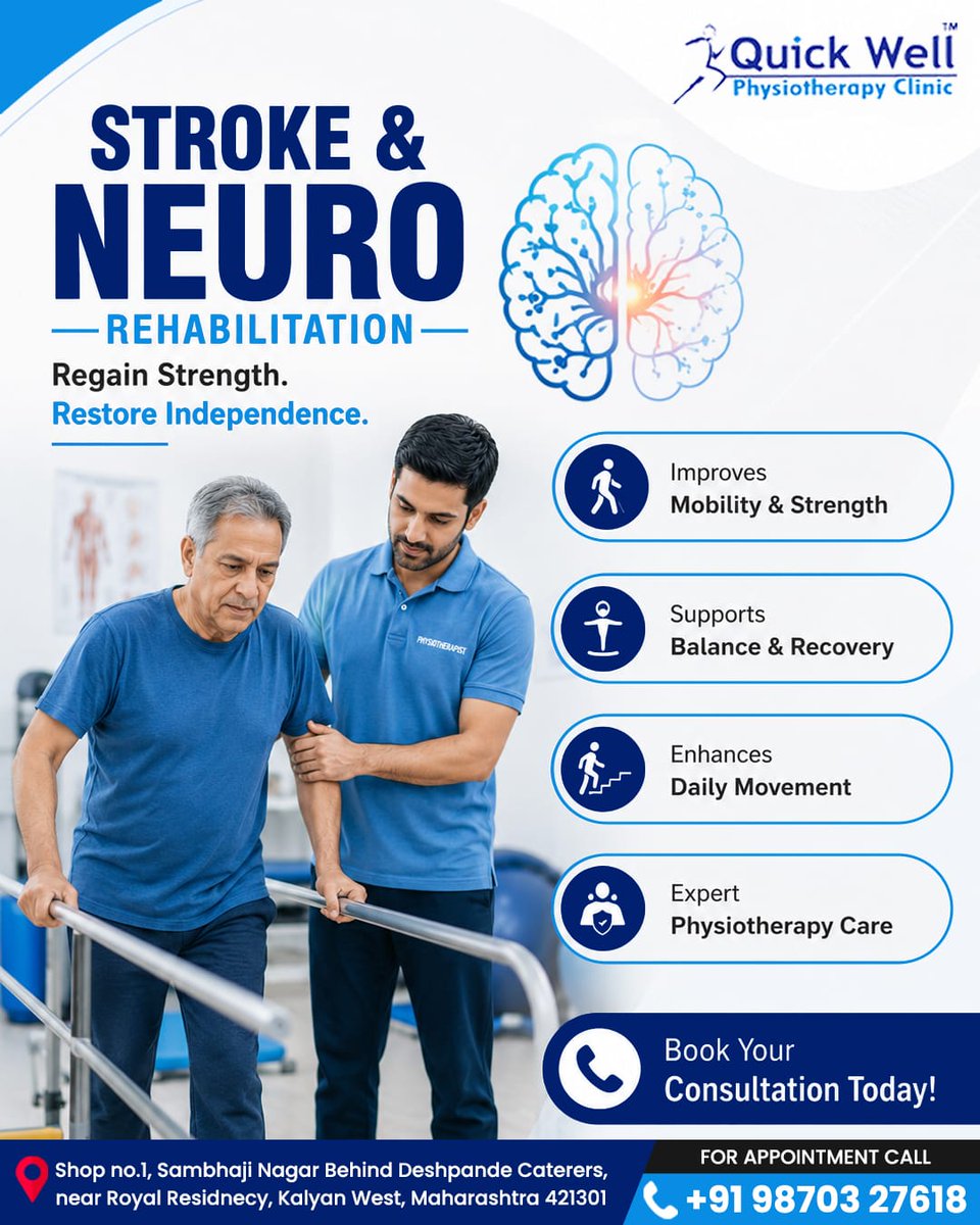 QuickWellPhysio's tweet photo. 🧠 STROKE &amp; NEURO REHABILITATION 🧠

Book Your Consultation Today!

Quick Well Physiotherapy Clinic

#QuickWellPhysiotherapyClinic #DrRekhaShinge #StrokeRehabilitation #NeuroRehab #RecoveryJourney #MobilityCare #StayActive #PhysiotherapyForLife #StayStrong #StayHealthy https://t.co/P5FhpSQ4a6