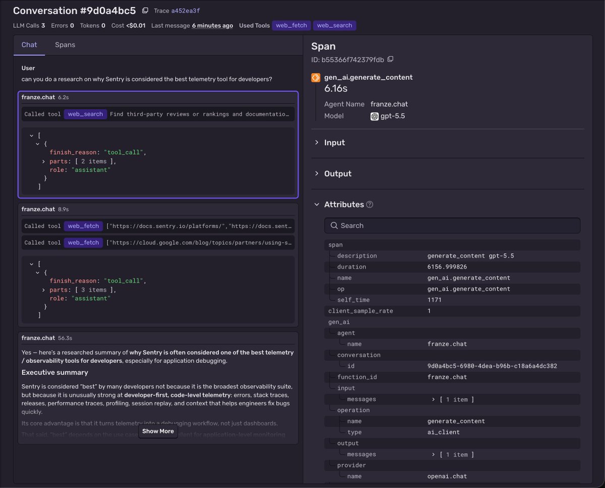 DanielGri's tweet photo. If you wanna know what your agents are doing in prod, check out @sentry new conversations https://t.co/z4kcF2xA0i

And if you are lazy like me, tell this to your agent: 
`Use the skills there https://t.co/VmVsthzZMy for ai monitoring, this is my DSN: <DSN>`