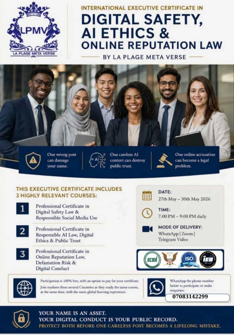 DjWilllos's tweet photo. CLASSES START WITH 
1. Professional Certificate in Digital Safety Law &amp; Responsible Social Media Use
🗓️:27-30 ⏰:7-9PM https://t.co/C8CaSPHnlV
DONT MISS IT!!!
AND SHARE THE LINK WITH SOMEONE... https://t.co/8mEs1LEMuV