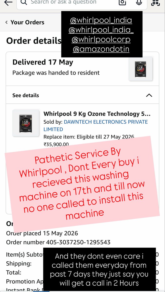 ArnejaJS's tweet photo. Pathetic service whirlpool didn’t expect this from you. Received this washing machine on 17th of May. Until today the machine is not installed besides me CALLING, every day, the service centre says you will get a call in two hours.@WhirlpoolCorp @whirlpool_india @WhirlpoolNation https://t.co/rzNhSHuWl8