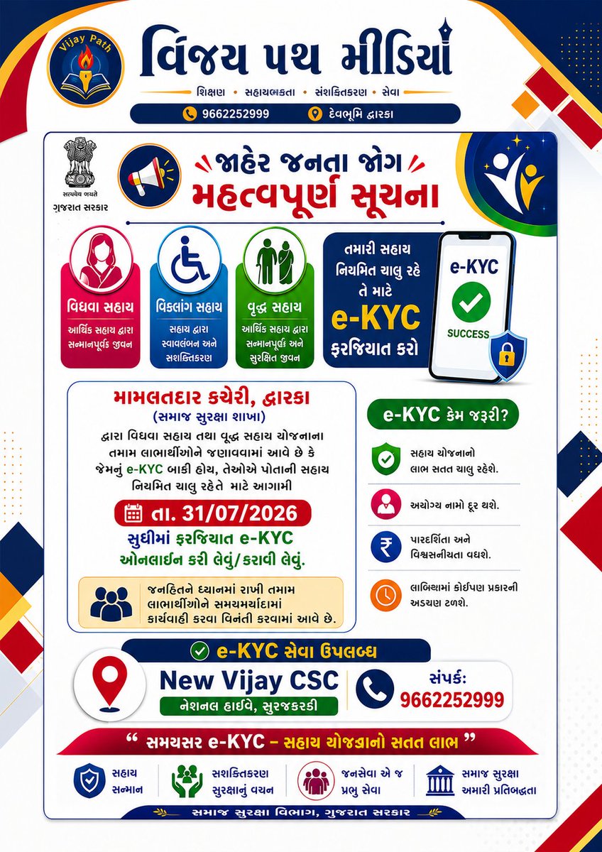 VijayMeitY007's tweet photo. @rajput_neeta_20
📢 વિધવા,વિકલાંગ અને વૃદ્ધ સહાય યોજનાના લાભાર્થીઓ માટે મહત્વપૂર્ણ સૂચના
@GodadraK
તા. 31/07/2026 પહેલાં ફરજિયાત e-KYC કરાવી લો અને સહાય યોજનાનો સતત લાભ મેળવો ✅
#eKYC #SocialSecurity #WidowAid #DisabledAid #OldAgePension #GujaratGovernment #CSC #JanSeva #Dwarka https://t.co/jdGXa4ODMM