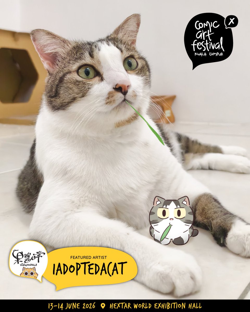 caf_kl's tweet photo. Our next CAFKLX Featured Artist is @iAdoptedACat, a web-based four-panel comedy comic that humorously captures the everyday interactions between humans and cats.

The stories are inspired by the often ridiculous and charming behaviors of cats, turning real-life moments into laugh-out-loud comic strips.

The first iAdoptedACat comic was published in 2018, and it has since grown into a beloved series. Proudly created in Malaysia, AdoptedACat is an original comic that also carries a meaningful message: Adopt, don’t shop. Neuter, don’t cull. Never abandon.

#cafklx