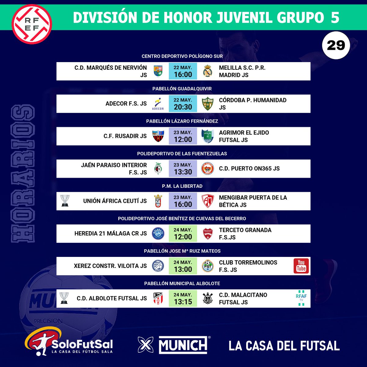 SoloFutSal_'s tweet photo. 🟩DVS HONOR JUVENIL FUTSAL · GRUPO 5⃣ 
📆29ª JORNADA · ⏰ Horarios

⚡ Nuevas Clasificaciones. 
👉 ¡Evolución, Rachas, Calculadora... las nuevas clasificaciones de Solo-FutSal! 

✍️ Consulta los horarios de la jornada y sigue los marcadores en DIRECTO 
📎 https://t.co/wE85ZeZmdz

📆 Calendario completo de partidos: 
📎 https://t.co/aFPFGFcDl0

📊 Estadísticas actualizadas: goleadores, tarjetas y más: 
📎 https://t.co/wiFMusAZxj

👥 Visita los perfiles de los equipos de la categoría: 
@CDElEjidoFutsal · @GranadaFS · @PREALMADRIDMELI · @_adecorfs · @CordobaFutsal · @ua_ceuti · @JaenFSbase · @CDPuertoCeuta · @MalagaFS · @C_F_RUSADIR · @CDMARQUESDNERV · @albolote_futsal · @Mengibar_FS · @XerezDFC_Futsal · @FSTorremolinos · @FMalacitano 

#️⃣ Hashtags y menciones: 
#FutSal | #SoloFutsal | #DHJFutSalG5
 @FutSalRFEF · @FutsalSevilla   #