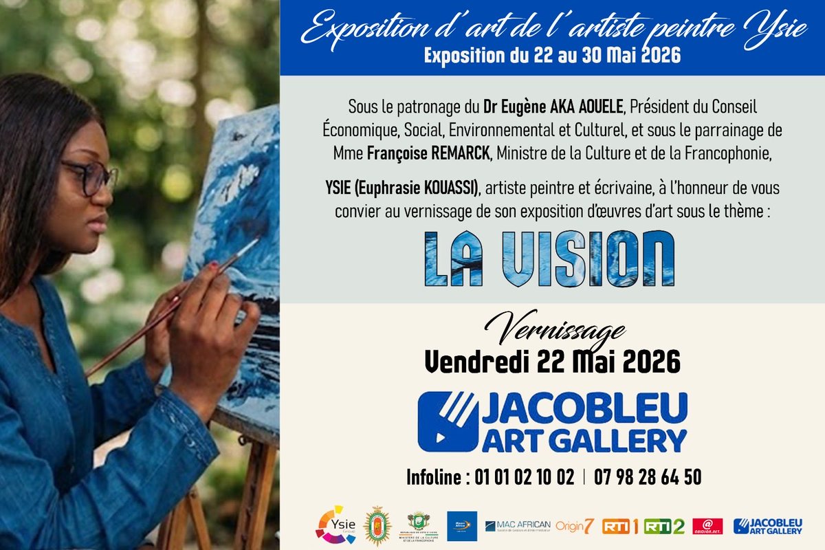 Jacobleu1's tweet photo. CE WEEK-END À JACOBLEU ART GALLERY 
🎨Vendredi 22 Mai – 18h : Vernissage exceptionnel des nouvelles œuvres de YSIE avec de belles surprises créatives. Accès libre ! 
+225 0798286450
jacobleu@jacobleu.art
Jacobleu Art Gallery-Abidjan 
2 Plateaux, Blvd Latrille, Las Palmas. https://t.co/Qiim4W58n9