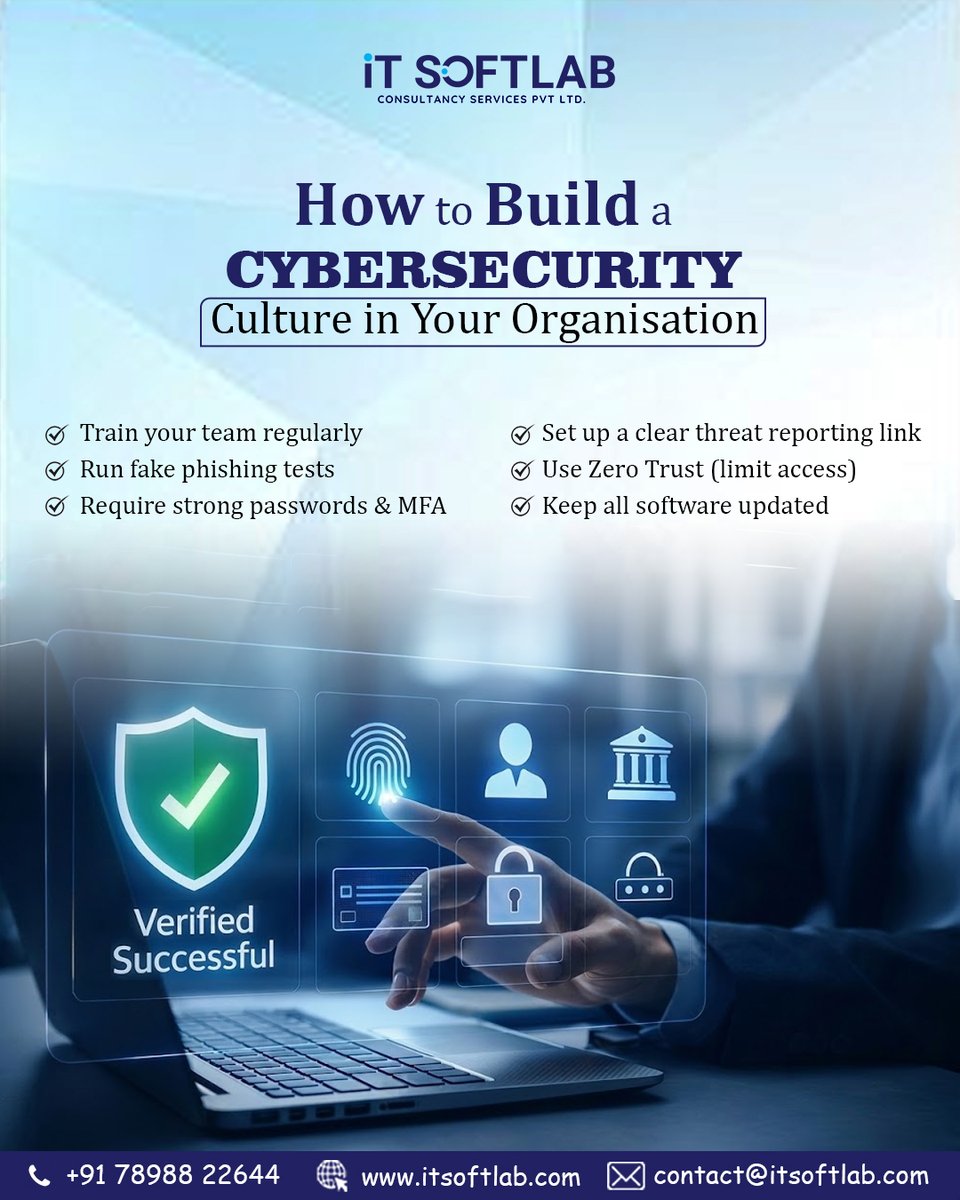 Itsoftlab_'s tweet photo. Cybersecurity starts with people, not just software. 🔐
Train teams, enable MFA, run phishing tests &amp; adopt Zero Trust to keep your business protected from modern cyber threats. 🚀
#CyberSecurity #ZeroTrust #DataProtection #MFA #ITSecurity #ITSOFTLAB https://t.co/wcK674AXXb