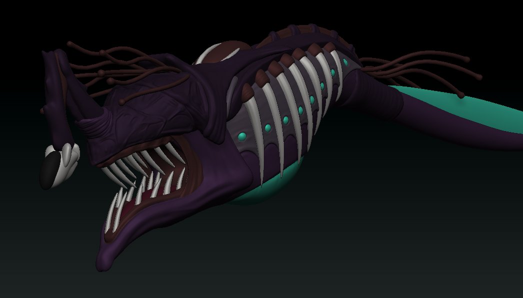 Aari_002's tweet photo. Some progress on detailing my custom leviathan/subnautica 2 fan art. In calling it a scrap Leviathan since it uses the scraps of wreckages like the tadpole to lure humans/vehicles toward it like an angler fish. #subnautica2 #zbrush https://t.co/K3f1n3fVsw