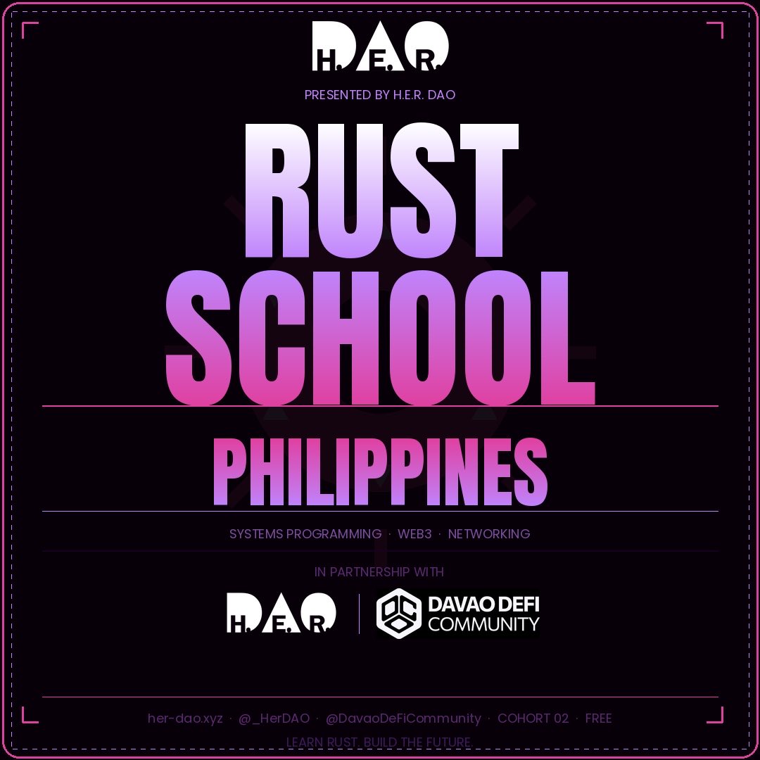 _HerDAO's tweet photo. Introducing Rust School Philippines 🇵🇭 +  Rust School Nigeria 🇳🇬 

We set out to build a different kind of learning experience with Rust and we accidentally created the fastest-growing Rust community on the planet.

Cohort 01 with 1500+ applications in a week proved it.

Now we're going global. 🌍

🧵 Rust School is expanding - and our first two regional hubs just dropped.