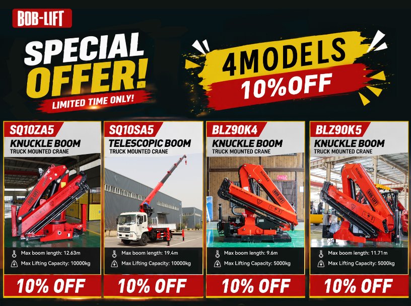 LiftBob3672's tweet photo. BOB-LIFT is offering limited-time promotions on 4 popular crane models: 
✔ SQ10ZA5 📷 SQ10SA5 📷 BLZ90K5 
Promotion period: 
May 21 – June 30 
Contact us for configurations and pricing details.  #Crane #TruckMountedCrane #ConstructionEquipment #HeavyMachinery https://t.co/uZyGww4Vpr