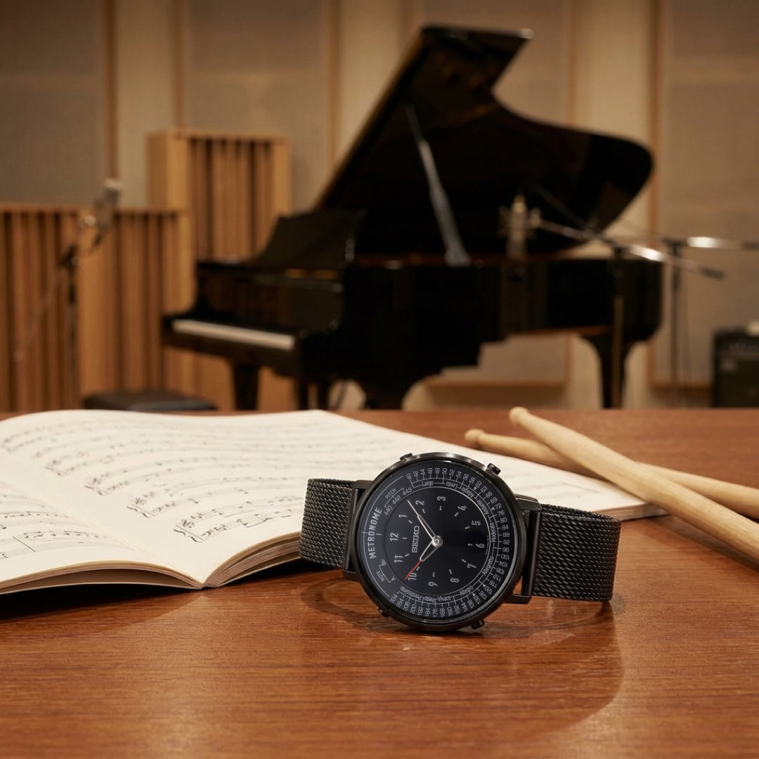 seikometro's tweet photo. ⌚️セイコー メトロノームウオッチ
人気のメタルメッシュブラック再入荷！
腕時計がワンタッチでメトロノームに🎵
いつでもどこでもテンポチェック。
ミュージシャンに頼れる一本。
在庫あり、お早めに👇
https://t.co/TcHPlXYj0m https://t.co/WspDMD4IvM
