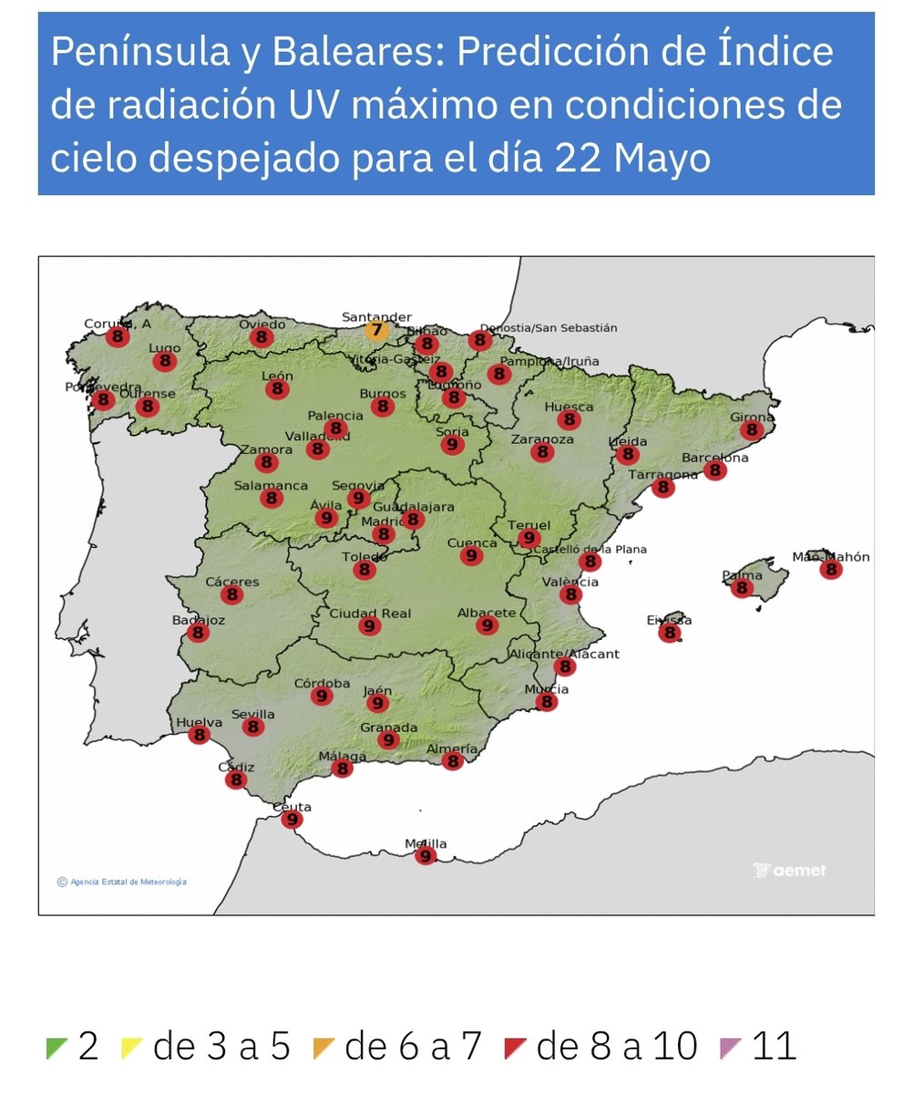 vostSPAIN's tweet photo. #Salud #Autoprotección

☀️ Hoy el índice UV alcanza nivel 10 en gran parte de España. Con nivel 10, la piel sin protección puede quemarse en menos de 15 minutos. Protector SPF 30 mínimo, reaplicar cada dos horas, gafas con filtro UV y evitar el sol entre las 12 y las 16h. https://t.co/FUN4OLgd8y