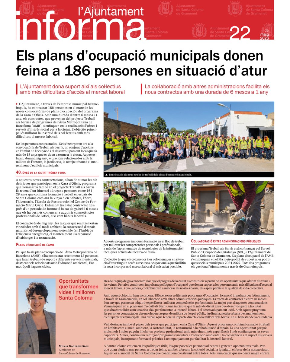 scgramenet's tweet photo. Ja podeu llegir l’edició d'avui divendres 22 de maig del butlletí municipal L’Ajuntament Informa, que porta el següent títol a la portada,
Els plans d’ocupació municipals donen feina a 186 persones en situació d’atur
Accediu a: https://t.co/8aJ73Mfbss https://t.co/KPGweudt0l