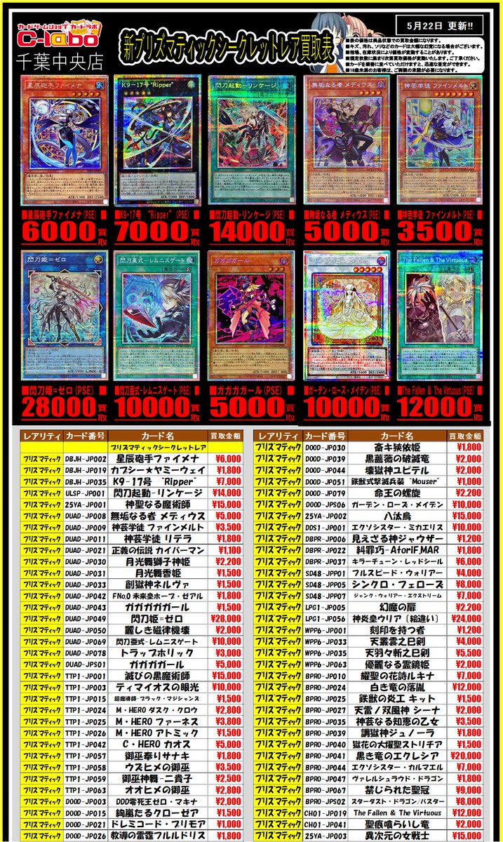 遊戯王OCG 買取情報】 プリズマティックシークレット買取表更新