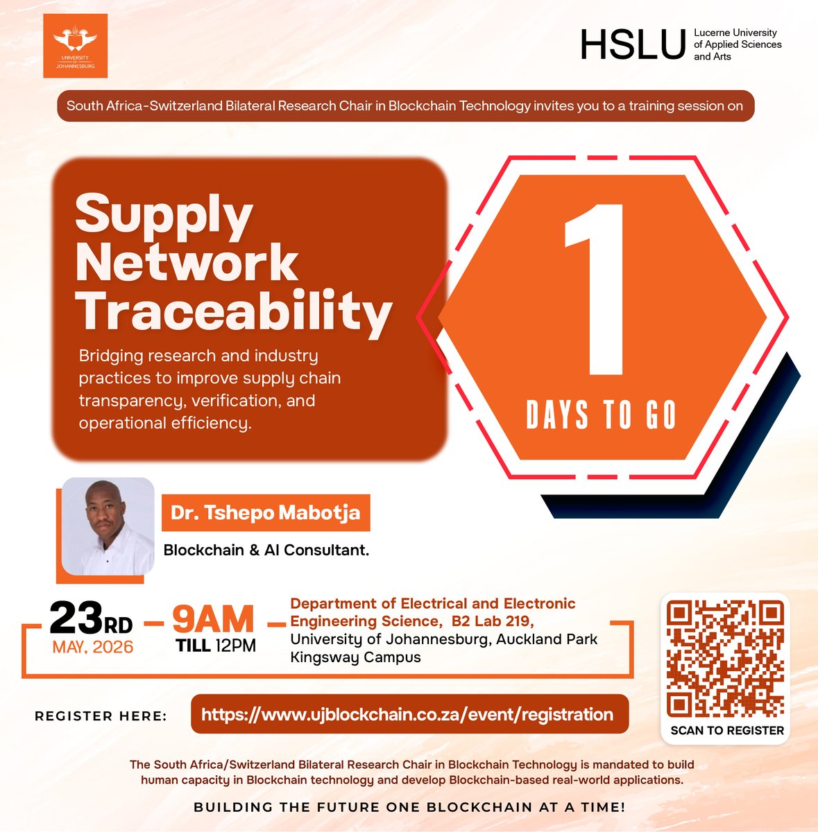 ujblockchain's tweet photo. How does #blockchain improve supply chain transparency?

Find out this Saturday, 23 May 2026. Dr Tshepo Mabotja (VUT) will lead the session at Lab B2 219
@go2uj APK Campus, 9 AM to 12 PM.

Register: https://t.co/Pg7onllSRx

#UJBlockchain #SupplyChain https://t.co/XeTTUPr4eH