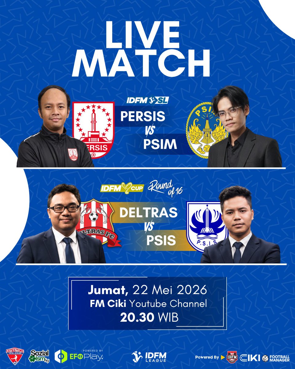 IDFMLeague's tweet photo. INFO LIVESTREAM
PSIM @calmdeuter akan menghadapi PERSIS @_baguspntn dalam misi mengejar Dewa United di puncak.

Di lanjutan Round of 16 IDFM Cup Deltras @FcArgonauts akan melawan sesama tim Championship, PSIS. @Anwarmustofa10_ 
#IDFMLeague
#LiganyaJuaraDunia
#MadeForTheChampions https://t.co/Fwg4Ia3Pct