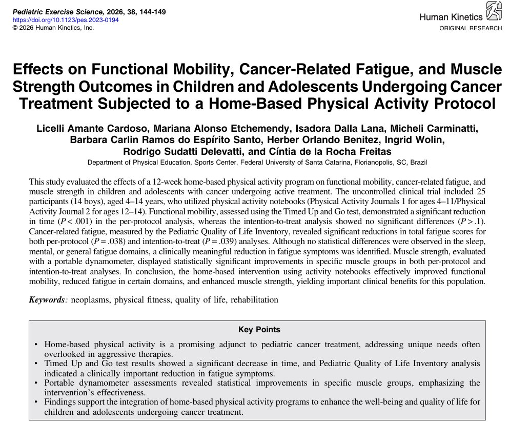 pesjournal's tweet photo. Cardoso et al. found that a 12-week home-based PA program improved mobility, reduced fatigue symptoms, and enhanced muscle strength in children and adolescents undergoing cancer treatment. Simple interventions can make a meaningful clinical impact. DOI: https://t.co/6BVbbFzbmK https://t.co/Y3gV4wh07z