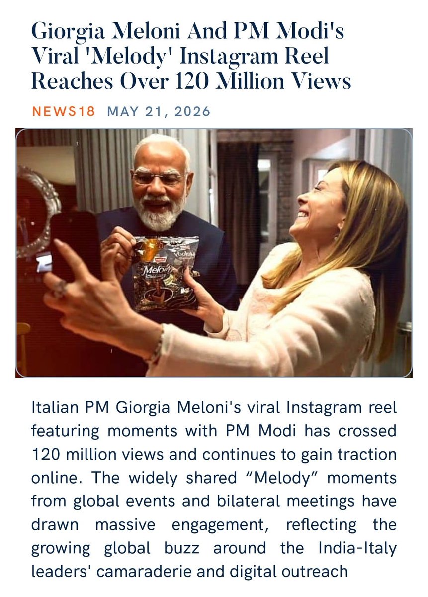 HeySajan's tweet photo. PM @narendramodi ji’s “Melody” moments with Giorgia Meloni break the internet , 120 million+ views. This shows the strong personal rapport and cultural friendship you have built between India and Italy. https://t.co/iR8GqyGLPl