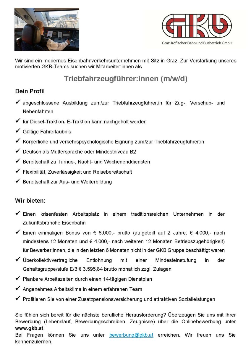GKB_Steiermark's tweet photo. Du bist Triebfahrzeugführer:in und willst Dich beruflich verändern? Werde Teil des Teams der GKB - Alle Infos: https://t.co/91pWYgnwvJ
