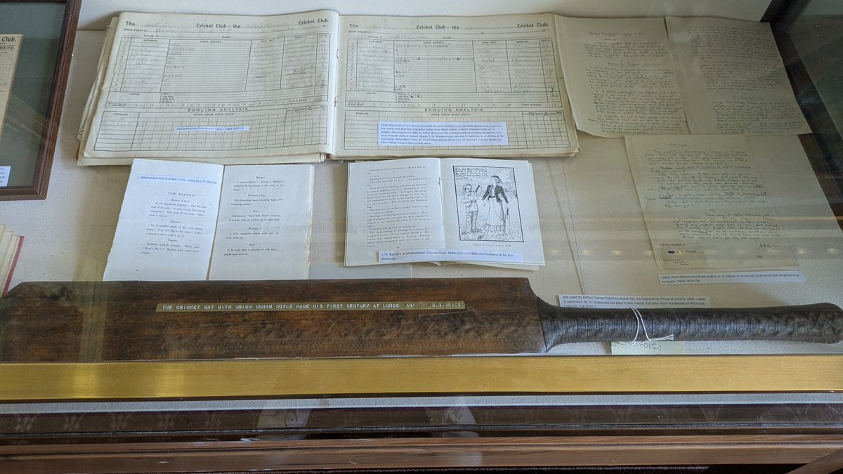 archivist_al's tweet photo. Following on from yesterday its Arthur Conan Doyle's birthday today, one of the best cricketing authors, appearing in 10 first-classes for MCC, took wicket of WG Grace &amp; scored a century for Authors v Press. Below: His century bat, Grace wicket scorecard &amp; sketch of him at Lord's https://t.co/jadhIlQjtN