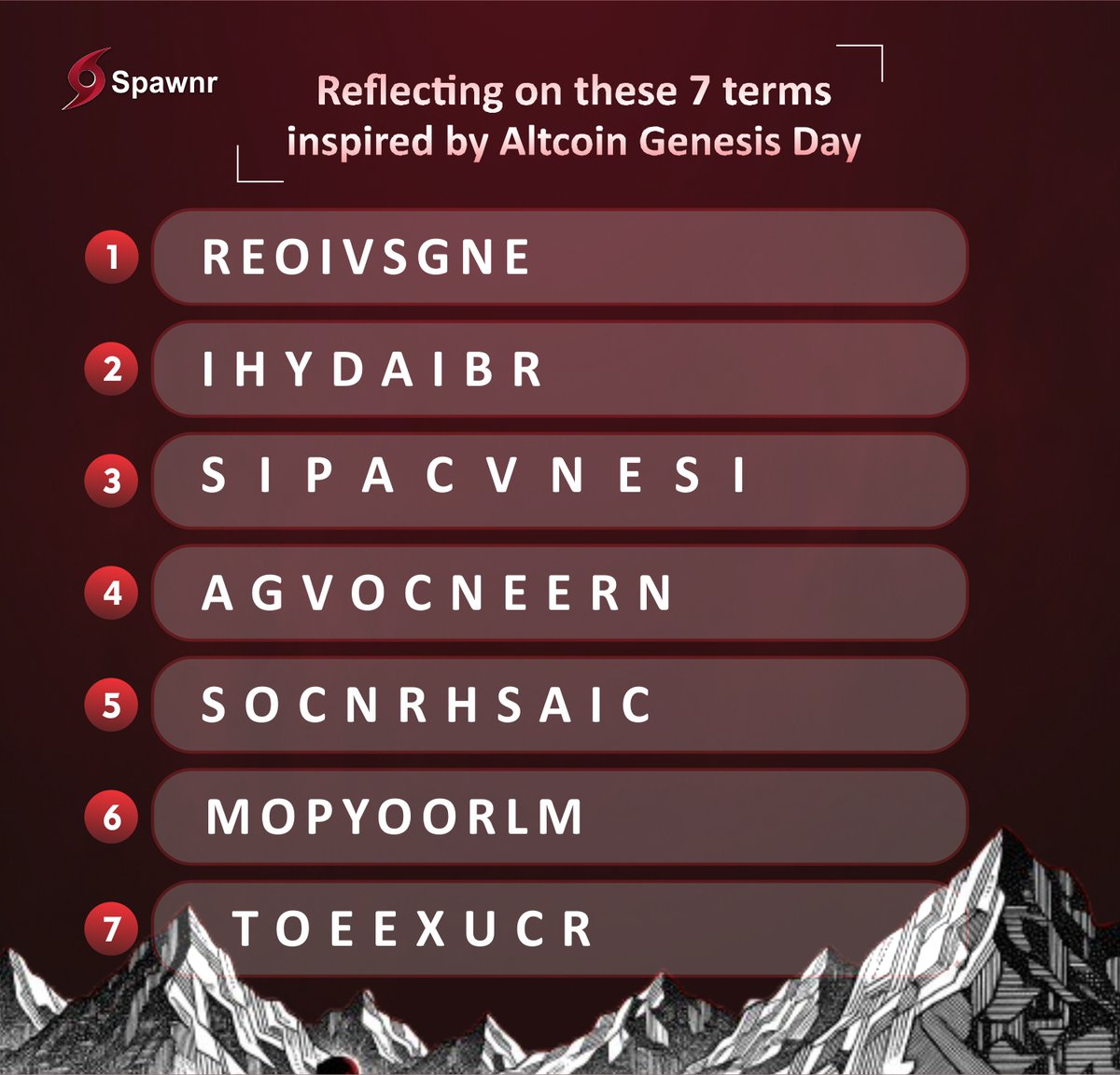 thespawnr's tweet photo. Last Day Spawnr Unscramble Challenge
Final 24 hours remaining.

Rules Reminder:
1. Unscramble the 7 words in the image
2. Number your answers 1 to 7
3. Tag 3 friends (required)

You can reply multiple times, only your best entry counts

Winners will be announced tomorrow.
Don’t miss your chance at $300 $SPAWN