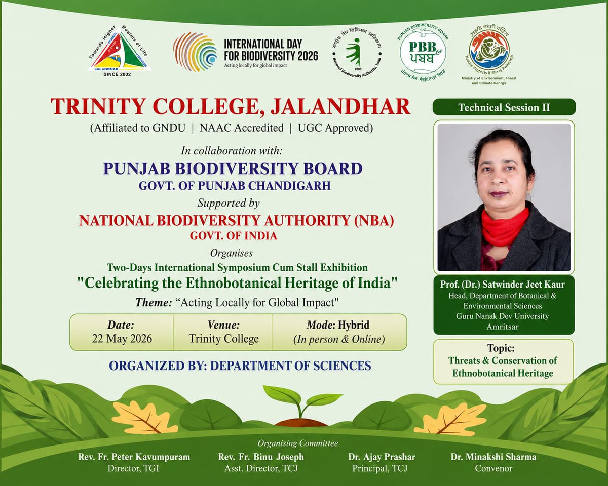 Trinity_Jal's tweet photo. 🌿 Trinity College, Jalandhar organized the International Symposium-cum-Stall Exhibition 
Keynote by Dr. Adarsh Pal Vig. Technical sessions by Dr. Vishal Johar, Prof. (Dr.) Satwinder Jeet Kaur, Dr. Vipul Kumar &amp; Dr. Rupendra Shakya. 
#Biodiversity #Ethnobotany #MedicinalPlants https://t.co/9iZg0mlr1s