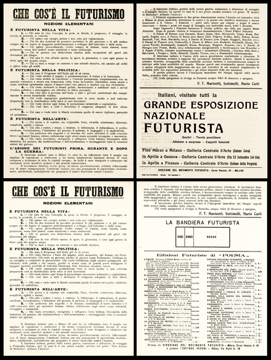 toccareleidee's tweet photo. F.T. MARINETTI - E. SETTIMELLI - M. CARLI
«Che cos'è il Futurismo»
Milano, Direzione del Movimento Futurista
-
Prima edizione in volantino: 1919
https://t.co/7aVAp4pdlW
-
Seconda edizione (riveduta e corretta): 1920
https://t.co/KQLOS6Ch2w
-
#futurism #futurismo #marinetti https://t.co/GC7Jt7JnMr