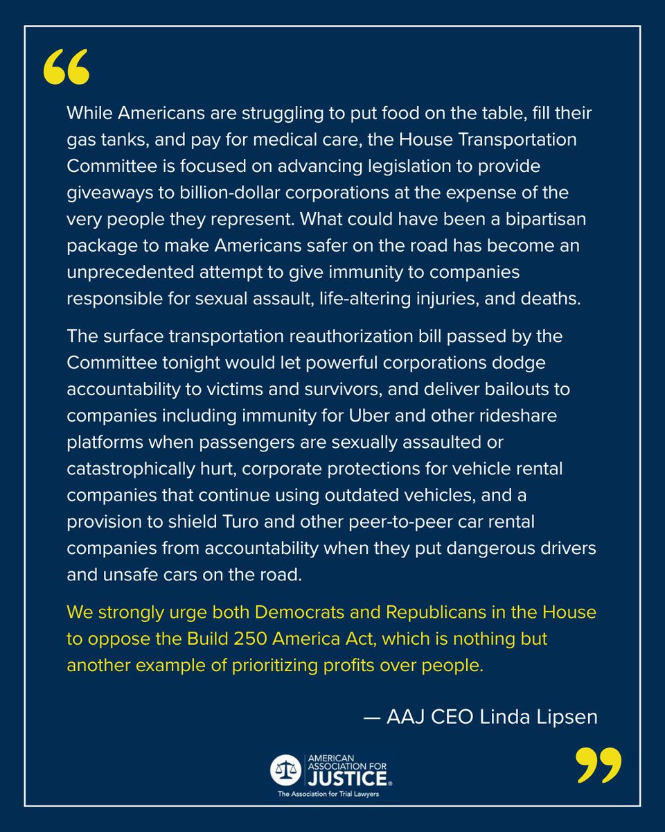JusticeDotOrg's tweet photo. AAJ CEO Linda Lipsen issued the following statement urging lawmakers to oppose the surface transportation reauthorization bill after it advanced through the House Transportation Committee. https://t.co/Z6NB5iuNoo