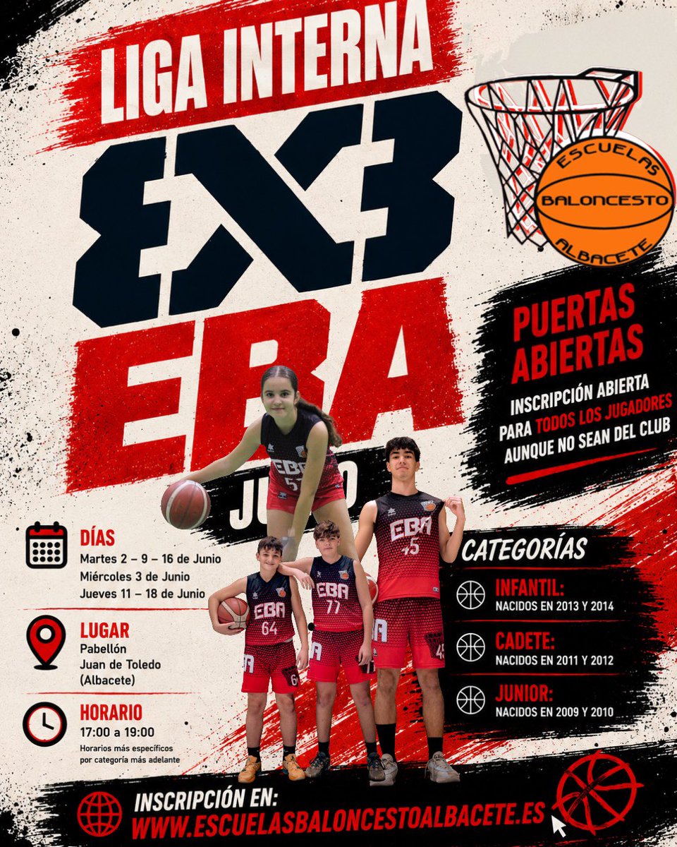 EBA_Albacete's tweet photo. 💥LANZAMOS LIGA INTERNA DE 3x3💥

¿Lo mejor? Abierta para todo el mundo 🙌🏼 No será necesario formar parte del club para poder competir 🏀

Inscríbete con tu equipo a través de nuestra web y disfruta de la competición en Junio al estilo 3X3🔝🔝

🖤❤️#masEBAquenunca https://t.co/lGQyWZ7Tkm