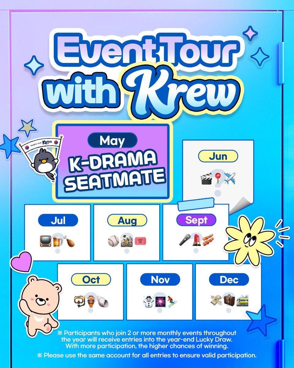 krew_en's tweet photo. #EVENT
POV: You’re on a flight to Korea. Where will you seat?✈️

👀 How to participate?
1.Follow us (@krew_en)
2.Leave a comment 
(Which seat would you choose, and why?)
Tip: Tag a friend or share this post to increase your chance of winning!

🗓️ Event Period
26 May (Tuesday) to 14 June (Sunday)

🏆 Winner Announcement
22 June (Monday)
Note: Winners will be announced in the comments of this post.

🎁 Prizes
- Amazon Gift Card US$10, 30 winners
- Google Gift Card US$10, 30 winners

Psst, Participants who join 2 or more monthly events throughout the year will receive entries into the year-end Lucky Draw. With more participation, the higher chances of winning! Good Luck!

Follow @krew_en to join the Krew and stay updated on all things Korea