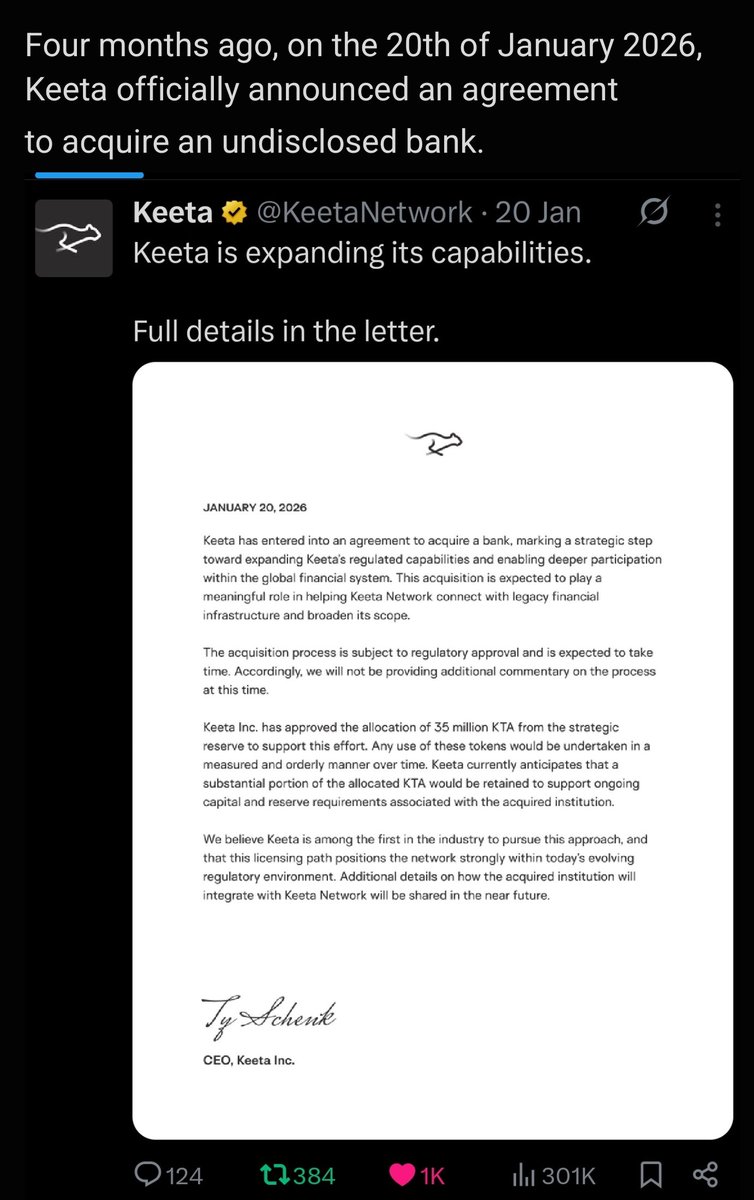 DreamHomeWeb3's tweet photo. Day One for Keeta Personal today.
Is the Bank acquisition approval also close? 

Four months ago, on the 20th of January 2026, Keeta officially announced an agreement
to acquire an undisclosed bank. 

On May 19th 2026,
President Donald Trump signed a major
executive order directing federal
agencies to streamline and fast-track the
licensing and regulatory approval
processes for cryptocurrency and fintech
firms. 

Google and AI says that the average time for bank acquisition approval is 4 months. 

So, Keeta's bank acquisition approval could be close. Check out $KTA and pay close attention 'coz Keeta is about to take off. 

@KeetaNetwork