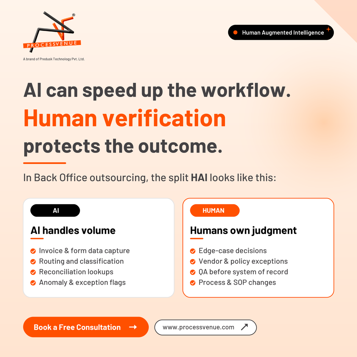 ProcessVenue's tweet photo. AI can speed up the workflow. Human verification protects the outcome.

HAI helps businesses scale back-office operations faster while keeping judgment, QA, and critical decisions in expert hands.

Book a free consultation today.

#HAI #WorkflowAutomation #ProcessVenue https://t.co/WNvqJt7HeX