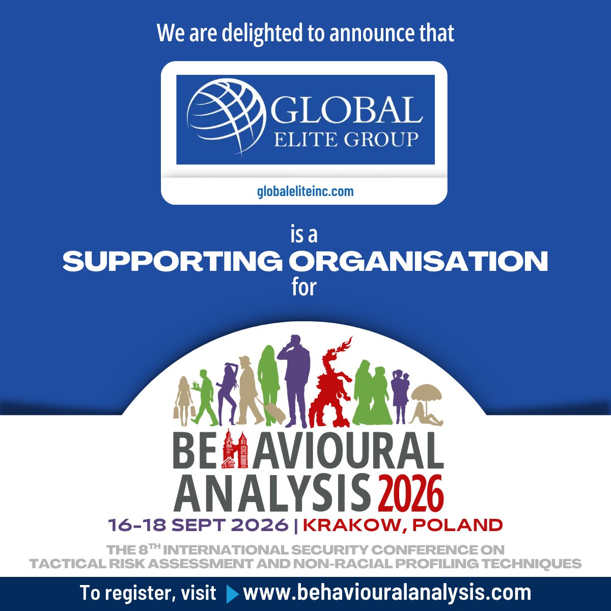 BehAnalysis2025's tweet photo. Global Elite Group is a Supporting Organisation of Behavioural Analysis 2026, the 8th international security conference on tactical risk assessment and non-racial profiling techniques. Global Elite Group is a leading provider of end-to-end aviation security services. https://t.co/kDabDhegdM