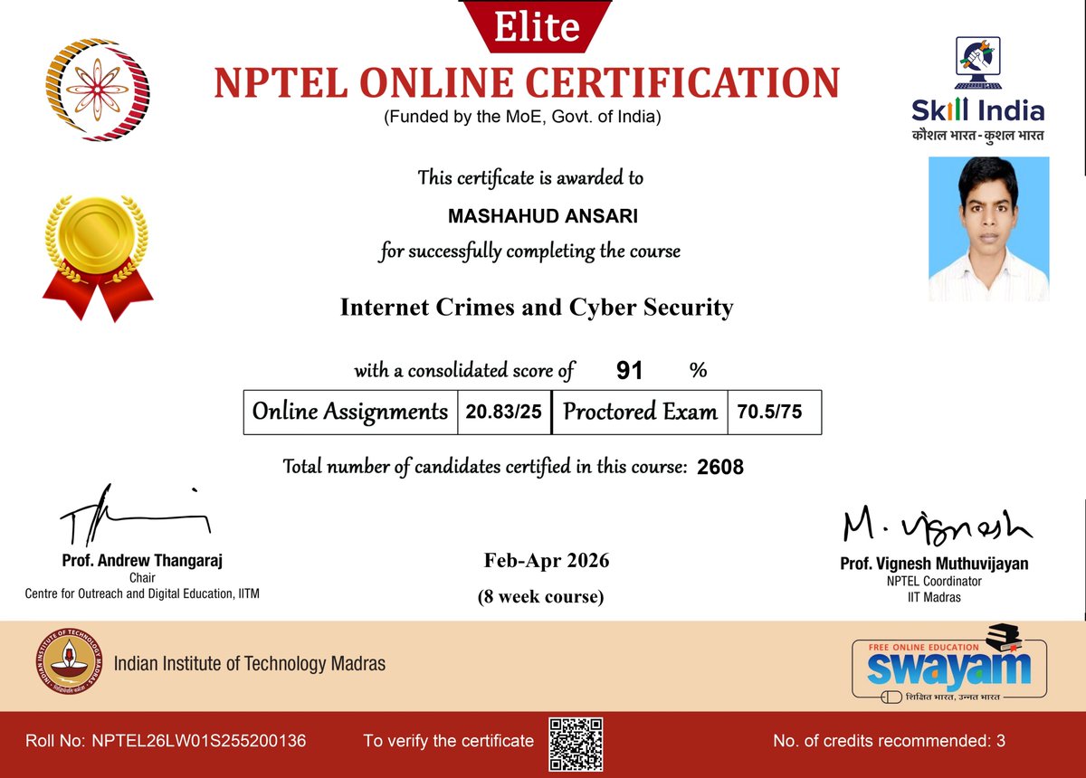 DNPGCollegeGKP's tweet photo. BCA द्वितीय वर्ष के छात्र मशूद अन्सारी ने NPTEL Online Certification (Swayam) के माध्यम से 91% अंक प्राप्त कर महाविद्यालय का गौरव बढ़ाया, इस उपलब्धि पर प्राचार्य प्रो ओम प्रकाश सिंह ने बधाई एवं शुभकामनाएँ दी एवं अन्य विद्यार्थियों को भी इस दिशा में प्रयास करने हेतु प्रेरित किया। https://t.co/24r7lWioLa