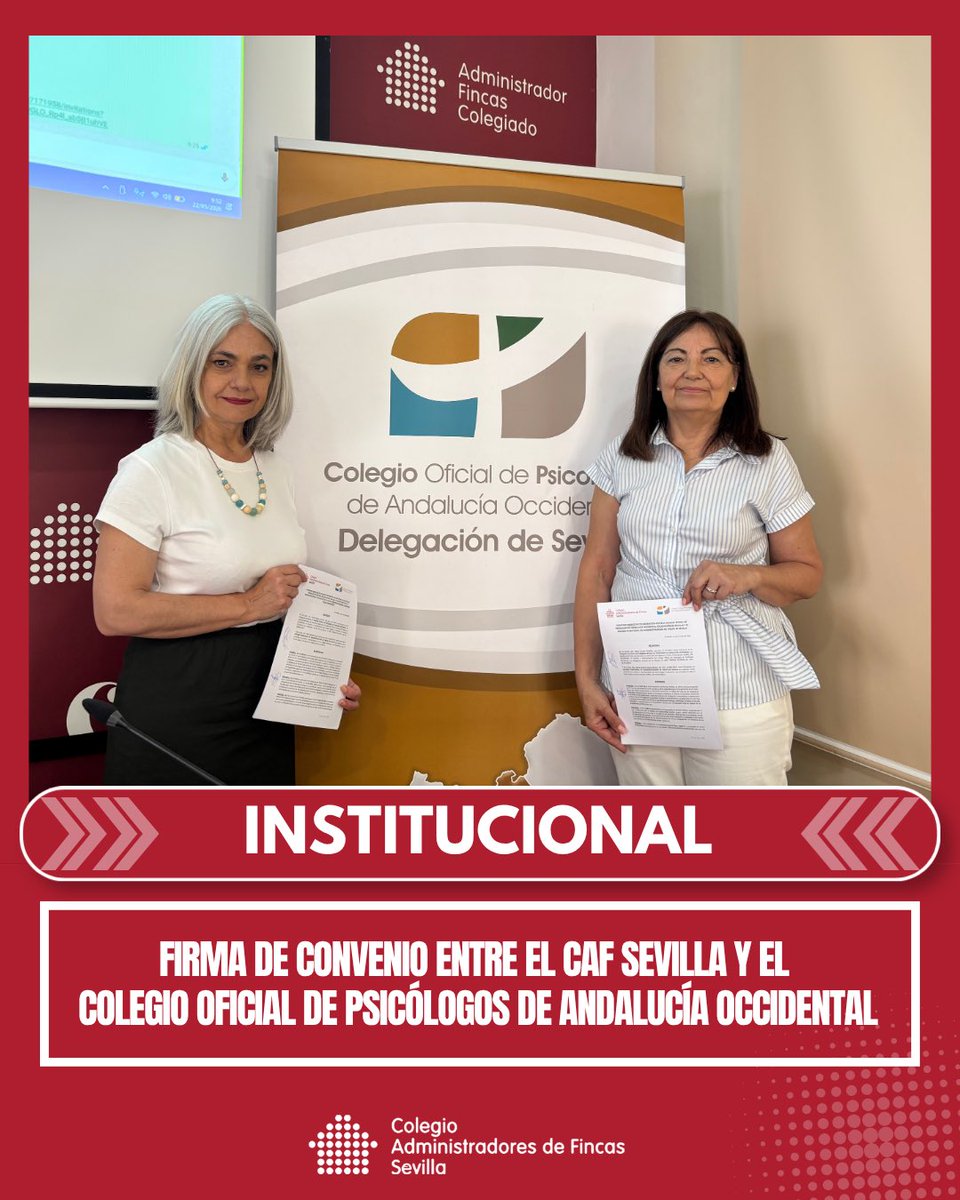 CAFSevilla's tweet photo. 🤝 Hoy hemos firmado un convenio de colaboración entre el Colegio de Administradores de Fincas de Sevilla y el Colegio Oficial de Psicología de Andalucía Occidental. https://t.co/B8WcIwkPb8