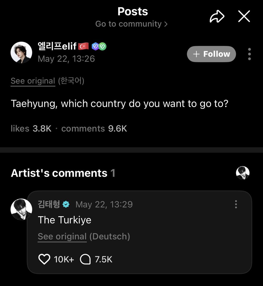 vanteblogstr's tweet photo. [220526] Taehyung Weverse

💜: Taehyung, hangi ülkeye gitmek istiyorsun?

🐯: Türkiye

😭😭😭 https://t.co/d8sMpa4DQh