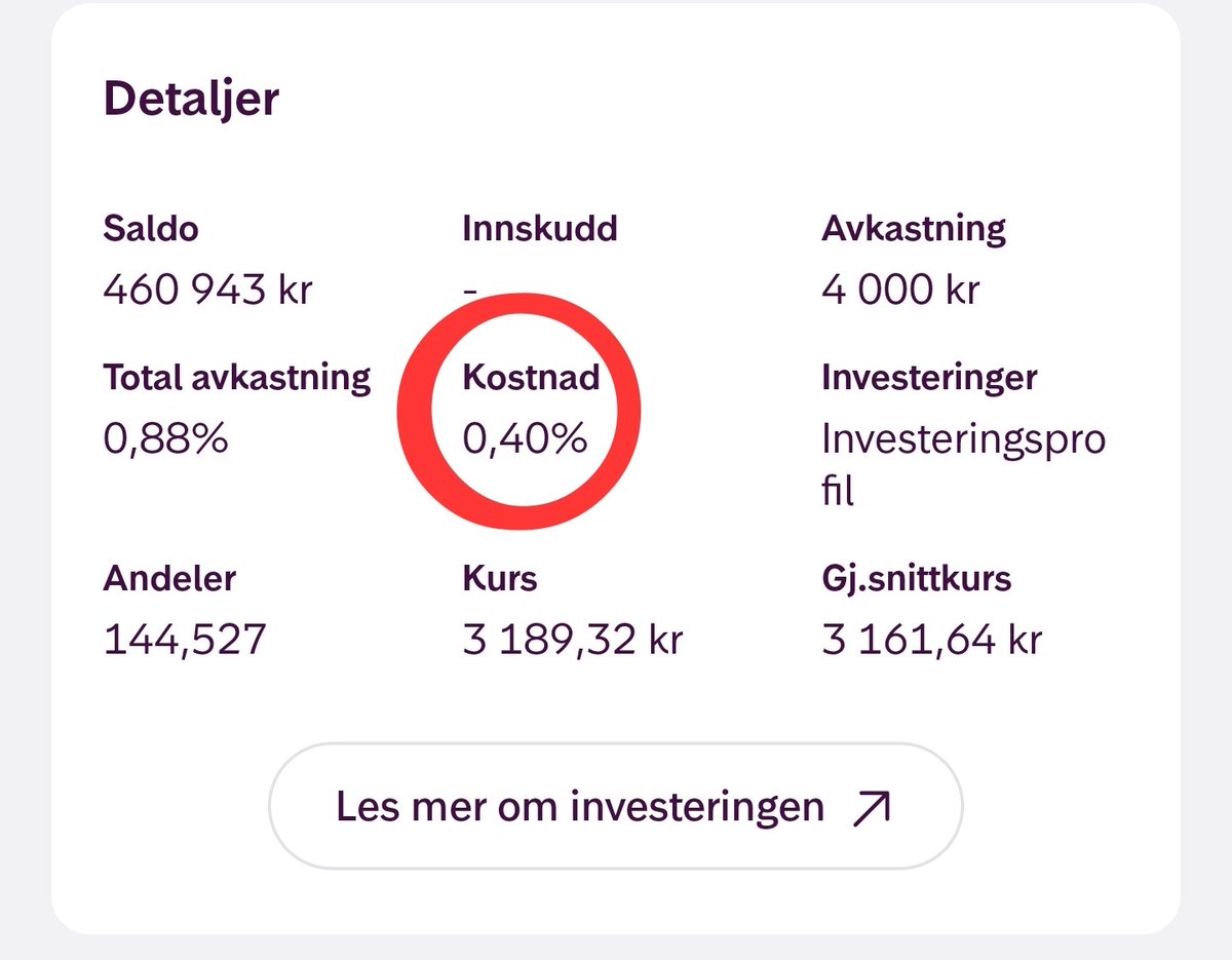 Et_smartere_liv's tweet photo. Ser at pensjonen min ble flytta over til "Storebrand Ekstra Offensiv Indeks".

Forvaltningsavgift på 0,4% 😬

Det går jo ikke. Bytter rolig tilbake til Kron sitt globale #indeksfond som koster en drøy tredel.

Sannsynligvis oppnår jeg også bedre #avkastning. God ROI. 

#Pensjon i globalt indeksfond er fortsatt et hett tips 💰 

Bare sørg for at du velger et ordentlig ett, og gjerne også et som ikke koster skjorta.

𝐏𝐬; bytter du til noe som er rimeligere enn sparinga arbeidsgiver har valgt for deg, så får du også mellomlegget i egen lomme 🤑

#fintwit
