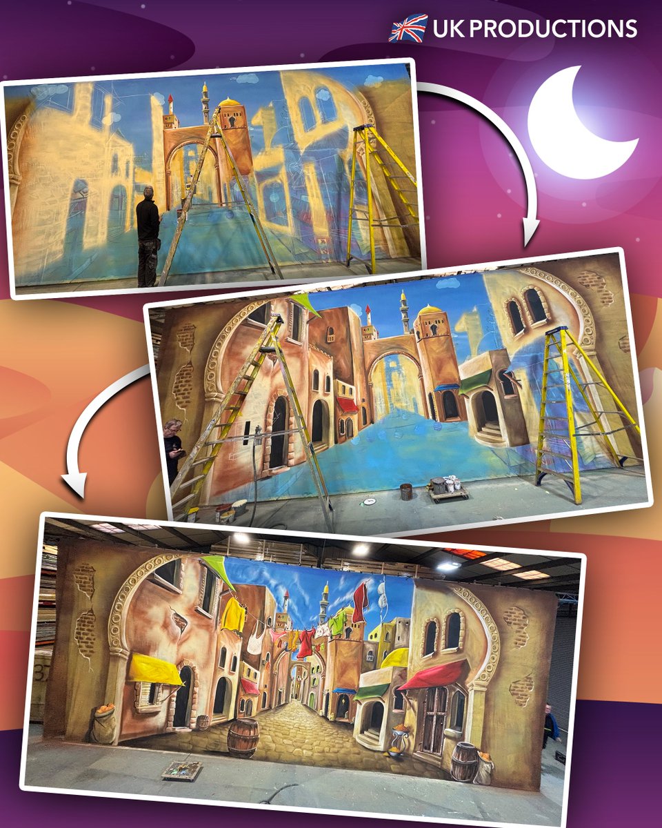 UKP_Ltd's tweet photo. Before and after from the UK Productions Scenic Workshop... 👀 Jay and Jess have given our Aladdin street scene backcloth quite the glow-up. 🖌️✨ https://t.co/CcE7sKrD1u
