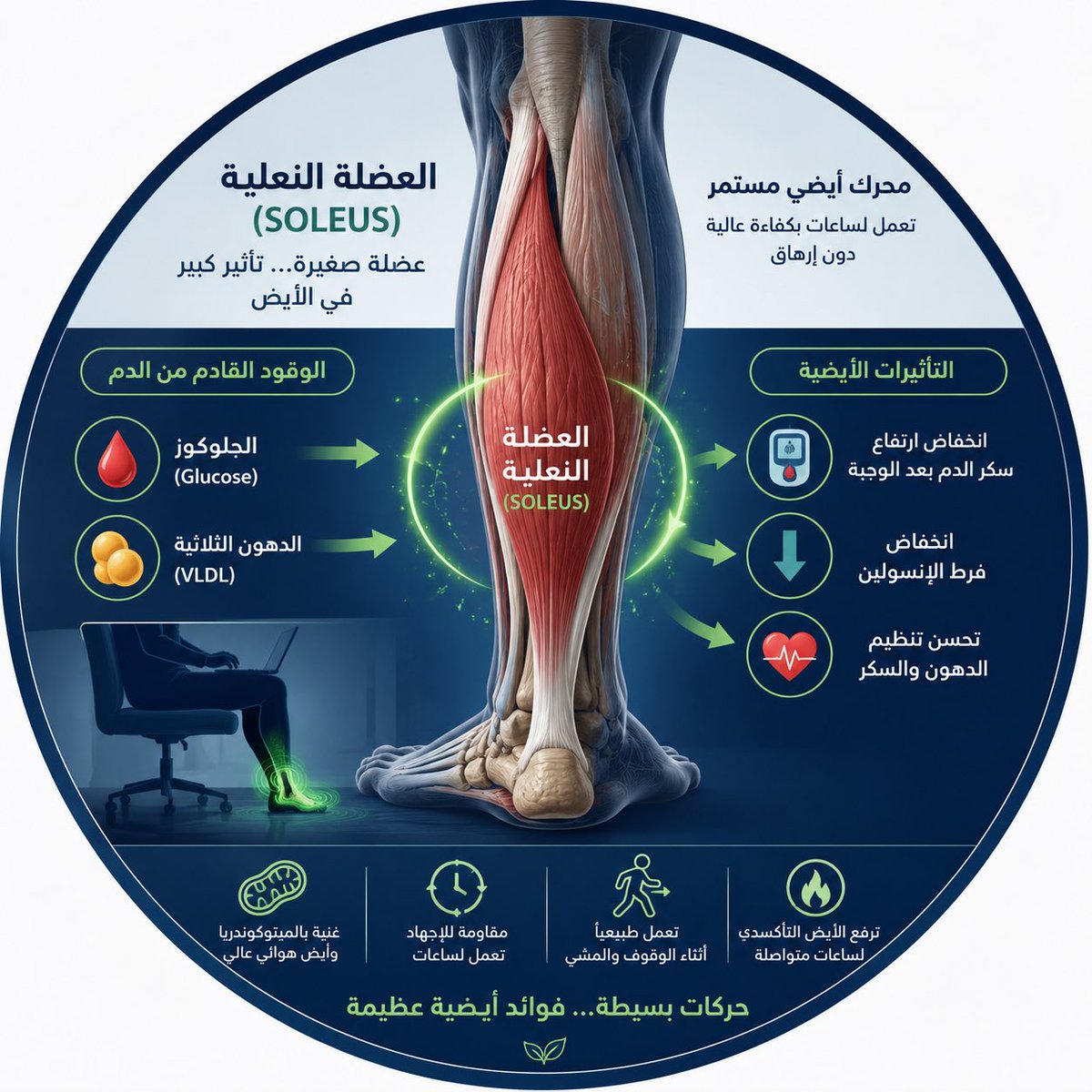 mm_ghaith's tweet photo. ليس بالضرورة أن تكون العضلات الكبيرة اكثر تأثيرًا على عمليات الأيض وحرق السعرات ……فمعظم النار من مستصغر الشرر 

عضلة صغيرة في أسفل الساق تُسمى
العضلة النعلية (Soleus) 

العمل على تنشيطها بحركات بسيطة أثناء الجلوس قد:

يخفض ارتفاع السكر بعد الوجبات
يقلل فرط إفراز الإنسولين
ويرفع الأيض التأكسدي لساعات دون إرهاق

المثير علميًا أن هذه العضلة لا تعتمد كثيرًا على حرق الجليكوجين (السكر المخزن في الجسم) 

بل تبدو وكأنها تسحب الوقود مباشرة من الدم:
الجلوكوز من الدورة الدموية 
والدهون الثلاثية 

لأنها ببساطة مُصممة للعمل المستمر…

تتميز بأنها غنية بالميتوكوندريا، مقاومة للإجهاد، وتعتمد بقوة على الأيض الهوائي 

وهذا يغيّر فكرة مهمة في علم الأيض:

ليست كل الفوائد الأيضية مرتبطة بالرياضة الشديدة أو بحرق سعرات مرتفع…

أحيانًا تحفيز عمل عضلة صغيرة تعمل بهدوء قد تؤثر على تنظيم العمليات الأيضية داخل الجسم خصوصا عند مع كبار السن او المقعدين