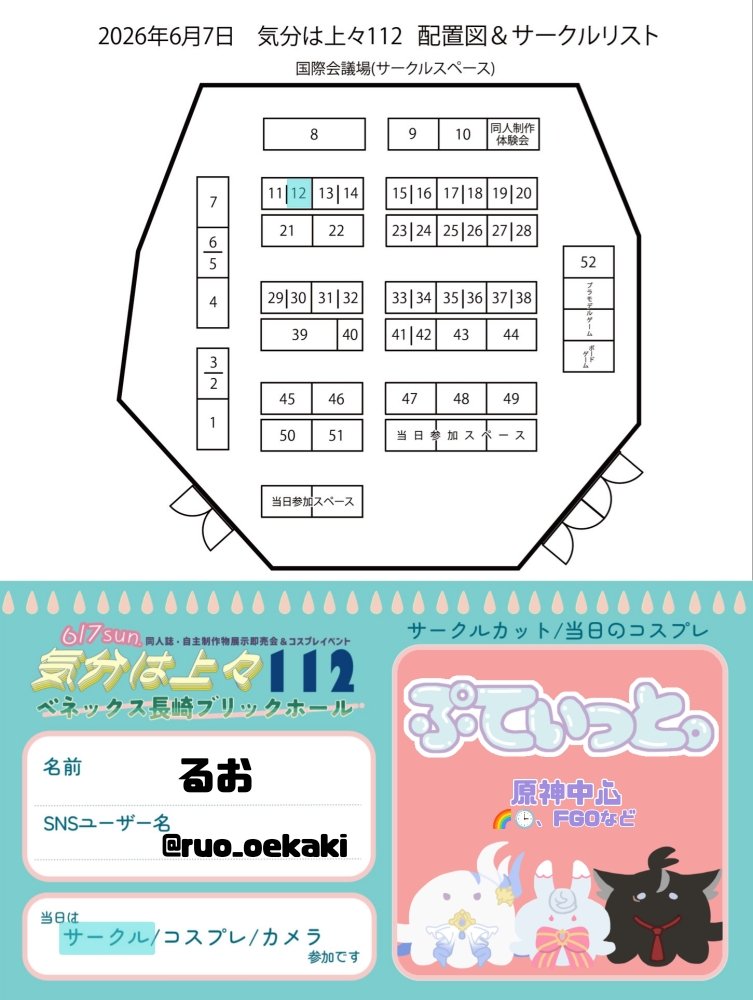 参加表明】 6/7(日) 気分は上々112 🎀サークル名▷ぷてぃっと