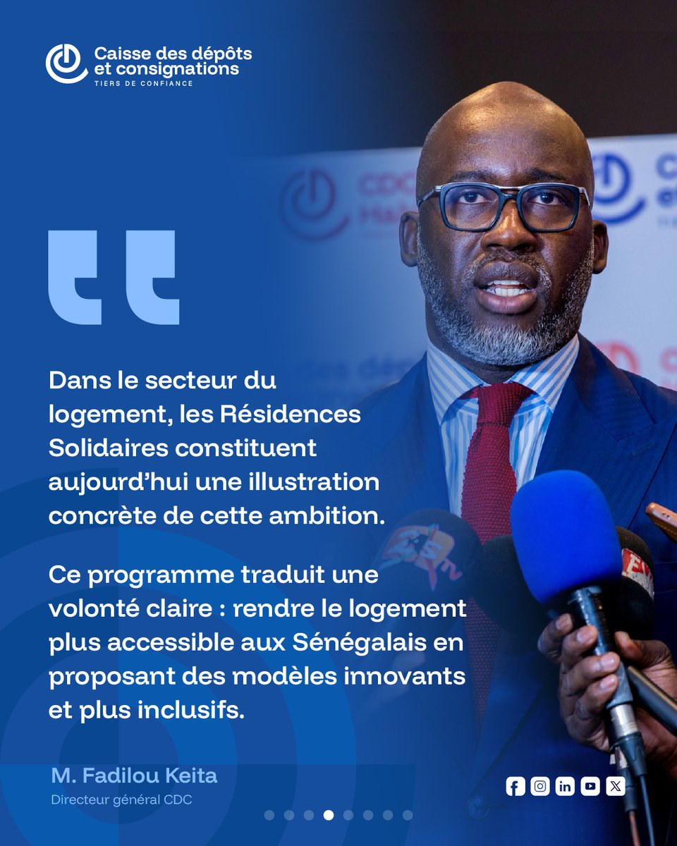 cdcsenegal's tweet photo. DISCOURS DU DIRECTEUR GÉNÉRAL DE LA CDC

Monsieur le Ministre de l’Urbanisme, des Collectivités territoriales et de l’Aménagement des territoires,
Monsieur le Secrétaire d’État au Logement,
Monsieur le Directeur de cabinet du Ministre de la Communication des Télécommunications et du Numérique,
Mesdames et Messieurs les Directeurs généraux,
Madame la Présidente de la Chambre des notaires du Sénégal,
Mesdames et Messieurs les partenaires,
Mesdames et Messieurs,
Chers invités,

Je suis particulièrement heureux de prendre part aujourd’hui au lancement officiel des Résidences Solidaires portées par la CDC Habitat sur le site de l’ancien aéroport de Dakar-Yoff.

Cette cérémonie revêt une importance particulière, car elle illustre concrètement la volonté de la Caisse des Dépôts et Consignations de contribuer activement aux grandes transformations économiques, urbaines et sociales du Sénégal.

Mesdames et Messieurs,

La CDC est une institution publique d’investissement de long terme.
Notre rôle dépasse la seule logique financière.

Nous avons vocation à accompagner les politiques publiques, à structurer des secteurs stratégiques et à soutenir des projets ayant un impact durable sur l’économie nationale ainsi que sur les conditions de vie des populations.

Notre mission est d’intervenir là où les besoins sont importants, là où les investissements nécessitent une vision de long terme et là où l’intérêt général doit prévaloir sur toute autre considération.

C’est cette philosophie qui guide aujourd’hui l’action de la CDC.

À travers ses filiales, la CDC agit dans plusieurs secteurs essentiels pour l’avenir du Sénégal, notamment dans le domaine du logement à travers la CDC Habitat.

Mesdames et Messieurs,

Dans le secteur du logement, les Résidences Solidaires constituent aujourd’hui une illustration concrète de cette ambition.

Ce programme traduit une volonté claire : rendre le logement plus accessible aux Sénégalais en proposant des modèles innovants et plus inclusifs.

Mais notre ambition va au-delà.

À travers la CDC Habitat, nous souhaitons progressivement développer une véritable capacité structurelle de production de logements accessibles à grande échelle.

L’objectif fixé est ambitieux : parvenir à réaliser près de 1 000 logements solidaires par an.

Mesdames et Messieurs,

La CDC, qui se positionne comme la Banque des Territoires, s’est dotée d’une Direction du Développement Institutionnel et Territorial chargée de porter ses missions de financement de la politique de la ville ainsi que des infrastructures des collectivités territoriales à travers plusieurs initiatives structurantes.

Je voudrais notamment citer les programmes suivants :
•Le projet de requalification urbaine avec la Ville de Dakar ;
•Les Cités de la Diaspora ;
•Les résidences universitaires ;
•La cité KEUR MAME MAODO de Tivaouane ;
•Les sphères administratives avec la DGPU ;
•Le programme résidentiel et touristique de Mbodiène avec la SAPCO ;
•Les Tours avec la SOGEPA ;
•Etc.
(...)

@fadilou_