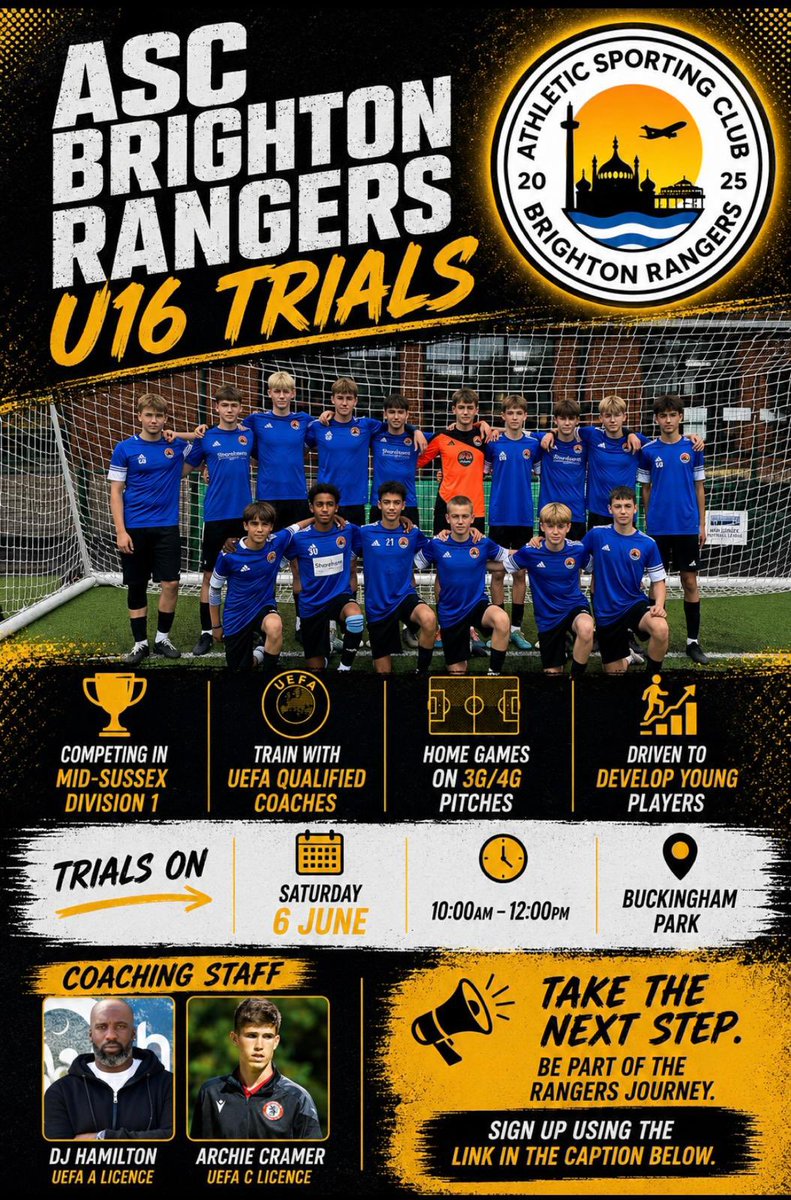 OfficialASCBR's tweet photo. ⚽️ ASC Brighton Rangers U16 Trials ⚽️

Think you’ve got what it takes for next season?
Come and showcase your ability at our U16 trials!

To register your interest fill out the link below  📩💛💙

https://t.co/bhAHjZOFHH https://t.co/hFT2Dp9IdE