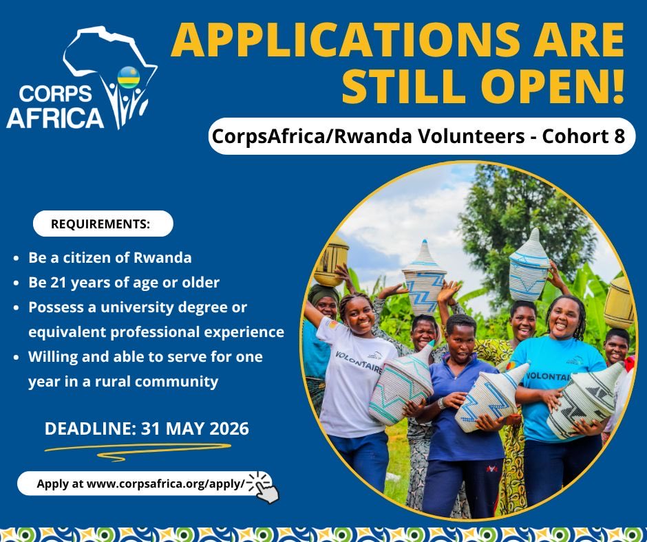 Ngabo_Karegeya's tweet photo. Imagine a year where your time, energy, and passion help rewrite someone’s story.
CorpsAfrica/Rwanda invites you to serve communities in Rwanda and co-create sustainable solutions from the grassroots, while helping shape Rwanda’s future.
The future doesn’t wait. Neither should you.
Apply today and be part of long-lasting change. 

Link: https://t.co/7UIzfFb45v
Deadline: 31 May 2026