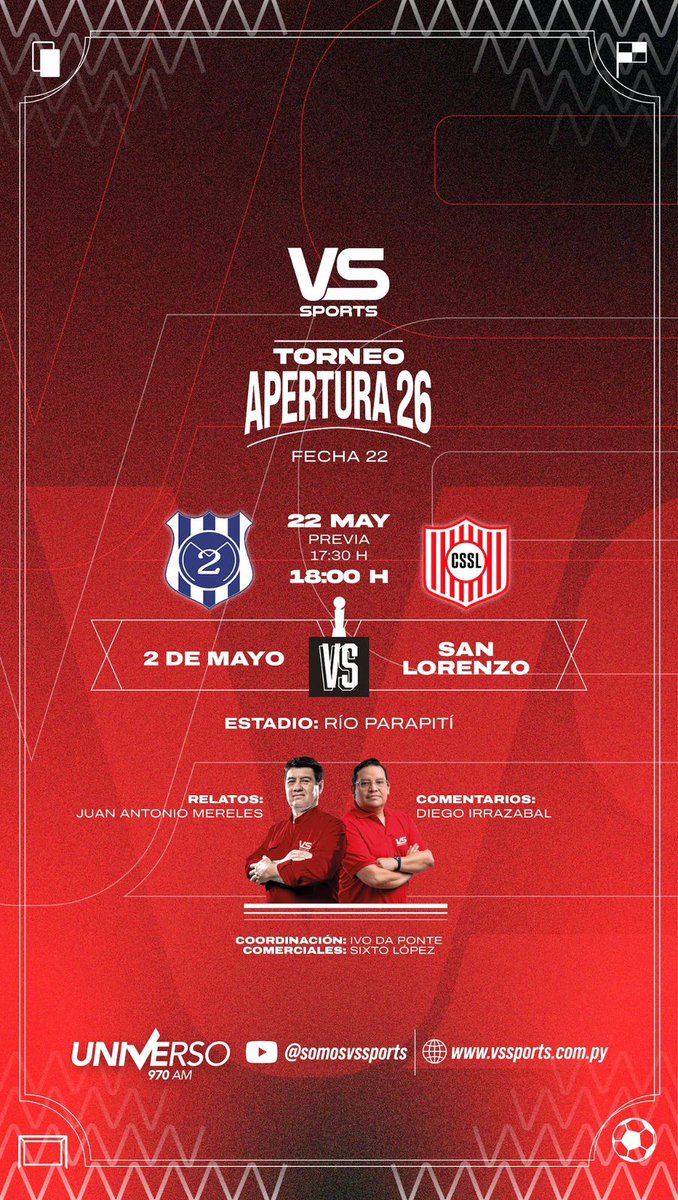 SomosVsSports's tweet photo. ⚽️¡El "Gallo Norteño" y el "Rayadito" abren el último capítulo del campeonato!

#2deMayo vs #SanLorenzo (18:00)

🗓️#Fecha22 | 🏟️ Río Parapití 
🏆#Apertura2026 por @Universo970py, La Nueva 107.5 FM (CDE).
🔺YT: https://t.co/ezUZnQfAPT
🎙️Relata: @jamcmereles 
 🎤Comenta: @thediez 
 💻Coordina: @Ivo_Da_Ponte 
 🗣️Comerciales: @SixtoLopez57
 ⏰Previa: 17:30 H | #somosvssports