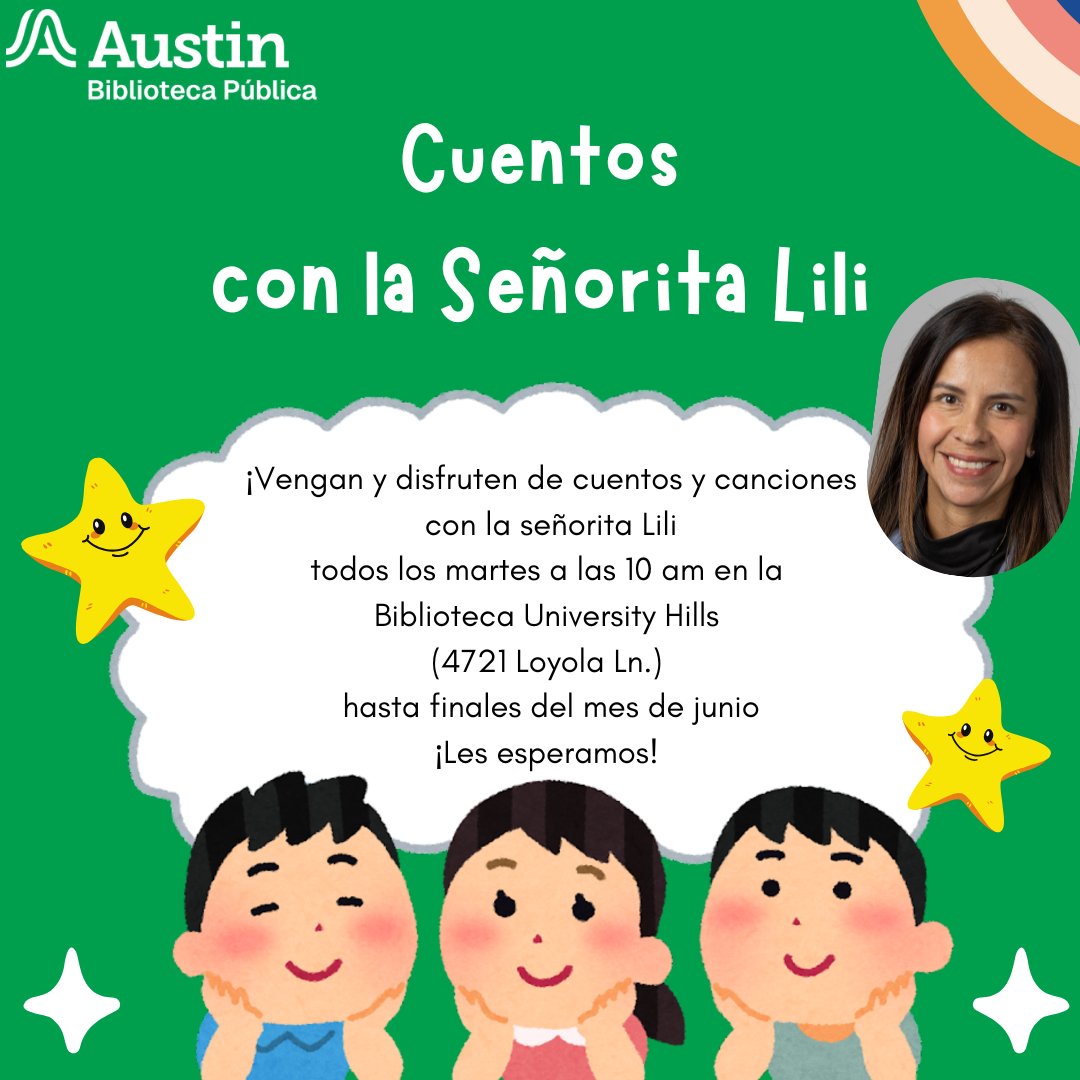 BiblioPublicATX's tweet photo. La señorita Lili los espera este martes 26 de mayo a las 10 am en la Biblioteca University Hills (4721 Loyola Ln.) para contar cuentos y aprender juntos. ¡Traiga a los más pequeñitos de la casa a esta hora del cuento en español! https://t.co/GX9qgx034n