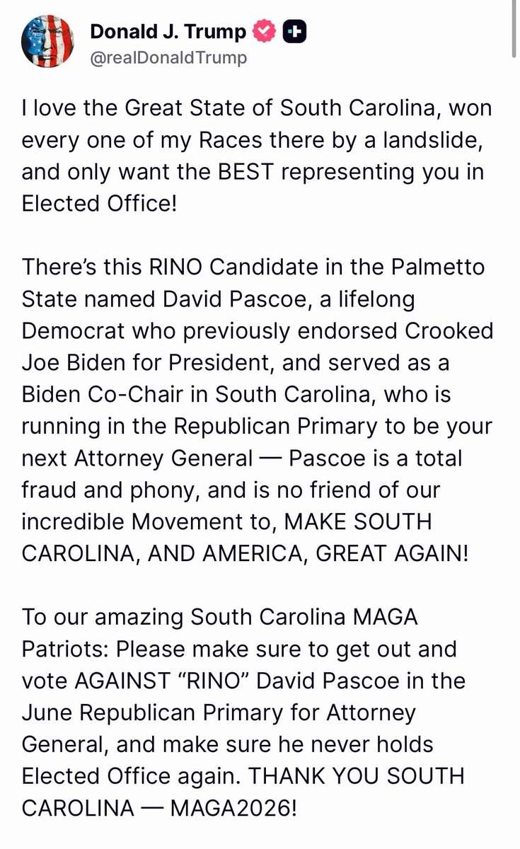 LawyerReformed's tweet photo. 🚨 Same consultant working for Biden Democrat David Pascoe ALSO consults for Senate Leader Shane Massey — the one blocking President Trump’s redistricting in SC — AND for Rom Reddy, who paraded Pascoe around the state to fool GOP voters.
The web is spinning.
After Trump’s Truth Social smackdown exposing Pascoe as a total RINO fraud, where does Rom Reddy stand now? Still endorsing this guy? Or does he finally get it — Pascoe is a Biden plant who wants to run his Biden lawfare agenda out of the Attorney General’s office?
SC voters demand answers. #SCAG @RomReddySC