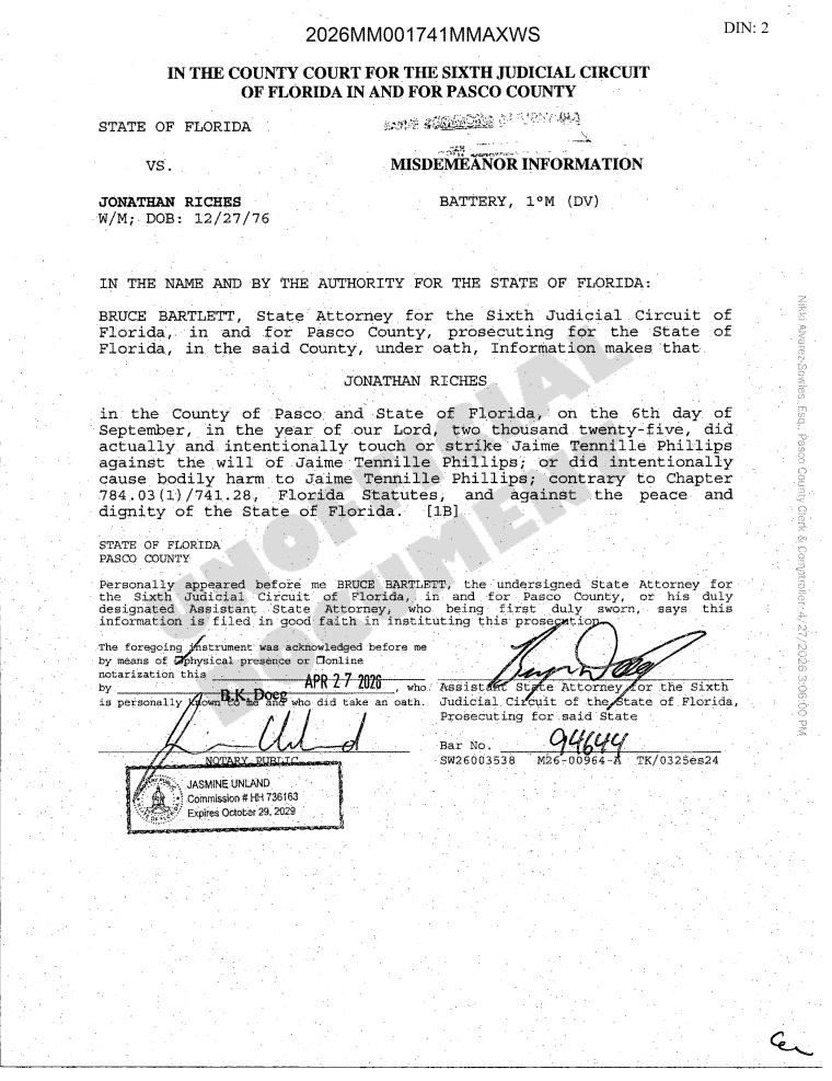 MattBlacInc's tweet photo. STATE OF FLORIDA VS #JONATHANLEERICHES
CASE NO: 26 MM 1741 MISDEMEANOR 34-D 04/27/2026 | BATTERY-TOUCH OR STRIKE
๐ ARRAIGNMENT | 06/02/26 9:00am ET
NOTICE OF REQUEST FOR COSTS OF PROSECUTION PURSUANT TO F.S. 938.27
ANSWER TO DEMAND FOR DISCOVERY
https://t.co/Eeawxw9hIH https://t.co/Fwr2SQSzHN